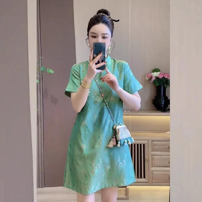 新中式别致女装改良绿色旗袍夏季2025新款高端绝美端庄大气连衣裙