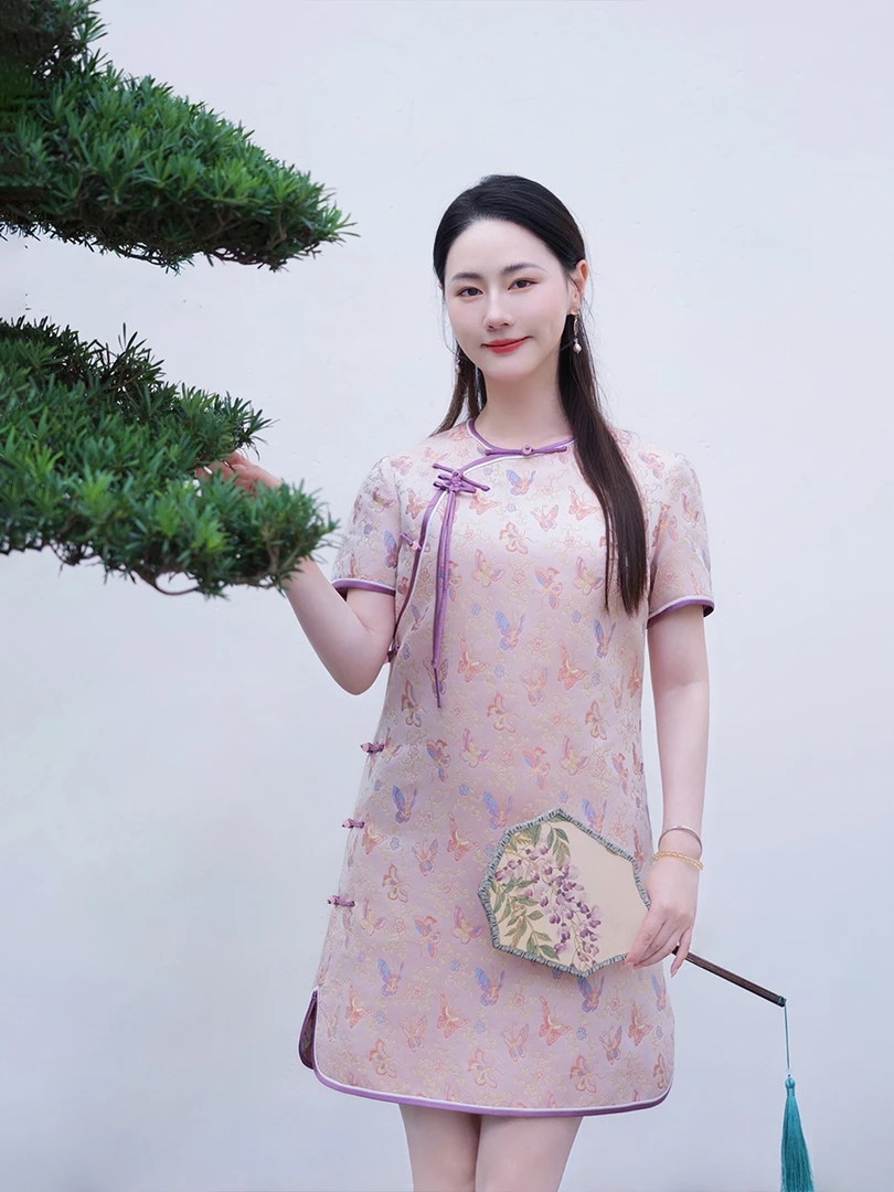 吴罗彩蝶纷飞宋锦连衣裙