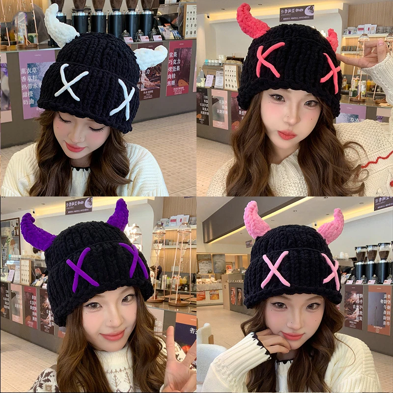 可爱卡通搞怪恶魔针织毛线帽女秋冬季防风加厚保暖面罩护耳套头帽