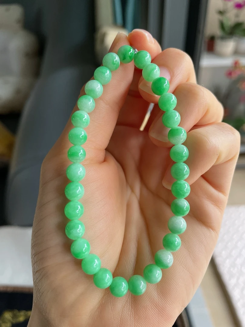 天然翡翠A货冰润飘绿果阳绿绿色圆珠手串手链卡6.3mm-2548缅甸玉