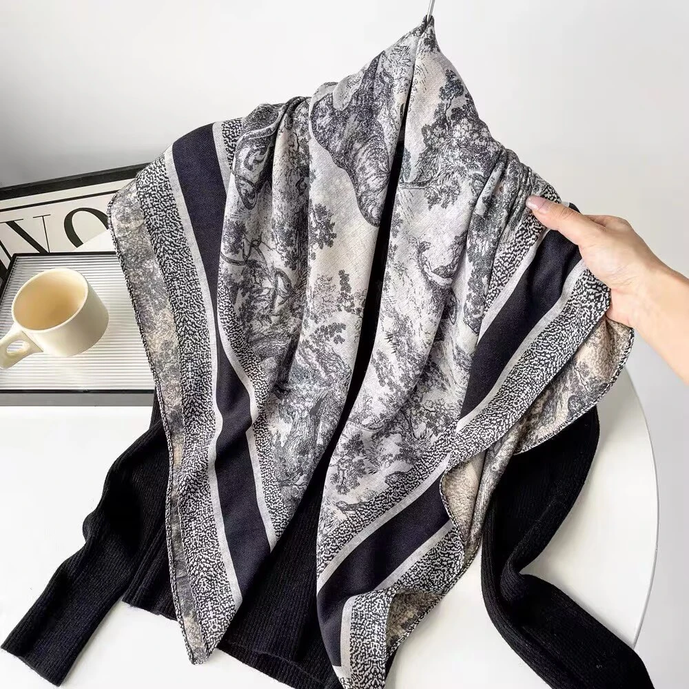 【f50】轻奢复古90x90丝毛大方巾时尚百搭气质丝巾披肩