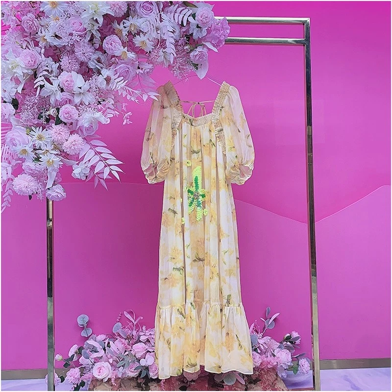 A2979欧美设计师2025夏季新款重工刺绣亮片花钉钻飘逸花色连衣裙