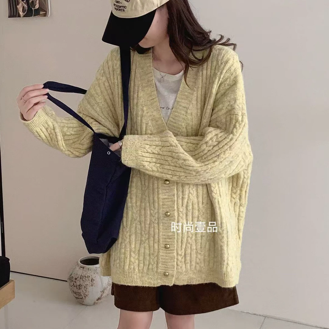 慵懒风韩系针织衫麻花宽松大版毛衣秋冬外套开衫