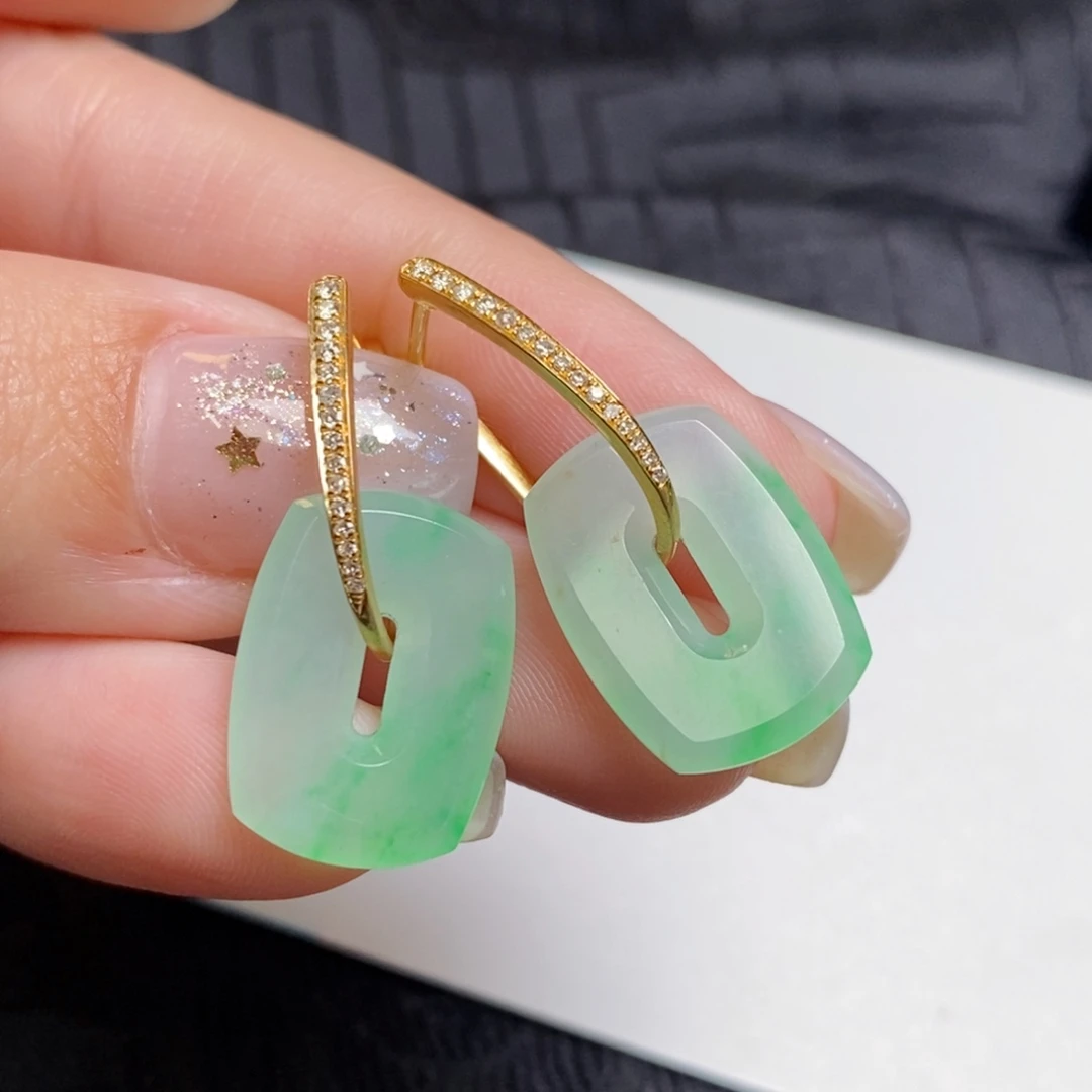 翡翠18K金镶嵌耳饰方糖