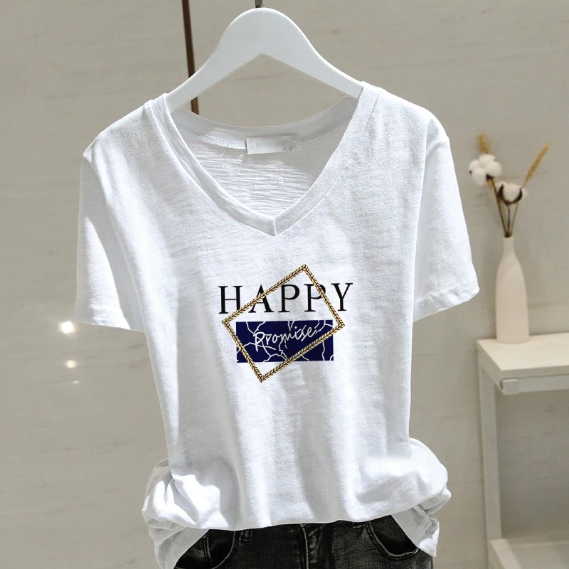 竹节棉宽松V领纯棉短袖t恤女士夏季印花时尚洋气韩版显瘦女装潮