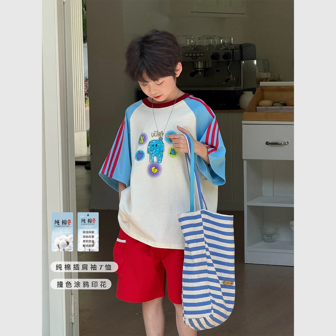 虾酱麻麻男童纯棉短袖t恤夏装2025新款插肩上衣撞色儿童半袖体恤