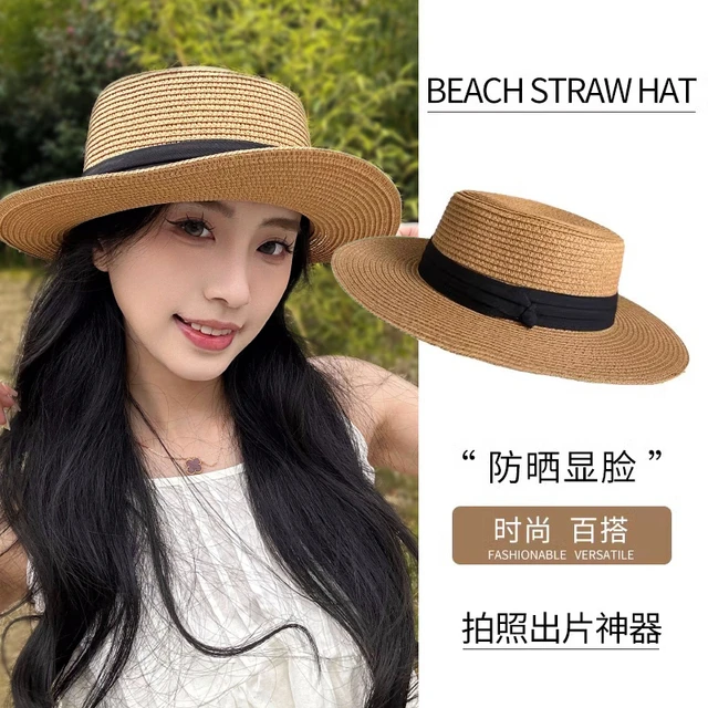 法式平顶草帽女大头围2025新款海边沙滩礼帽编织防晒太阳帽子夏季