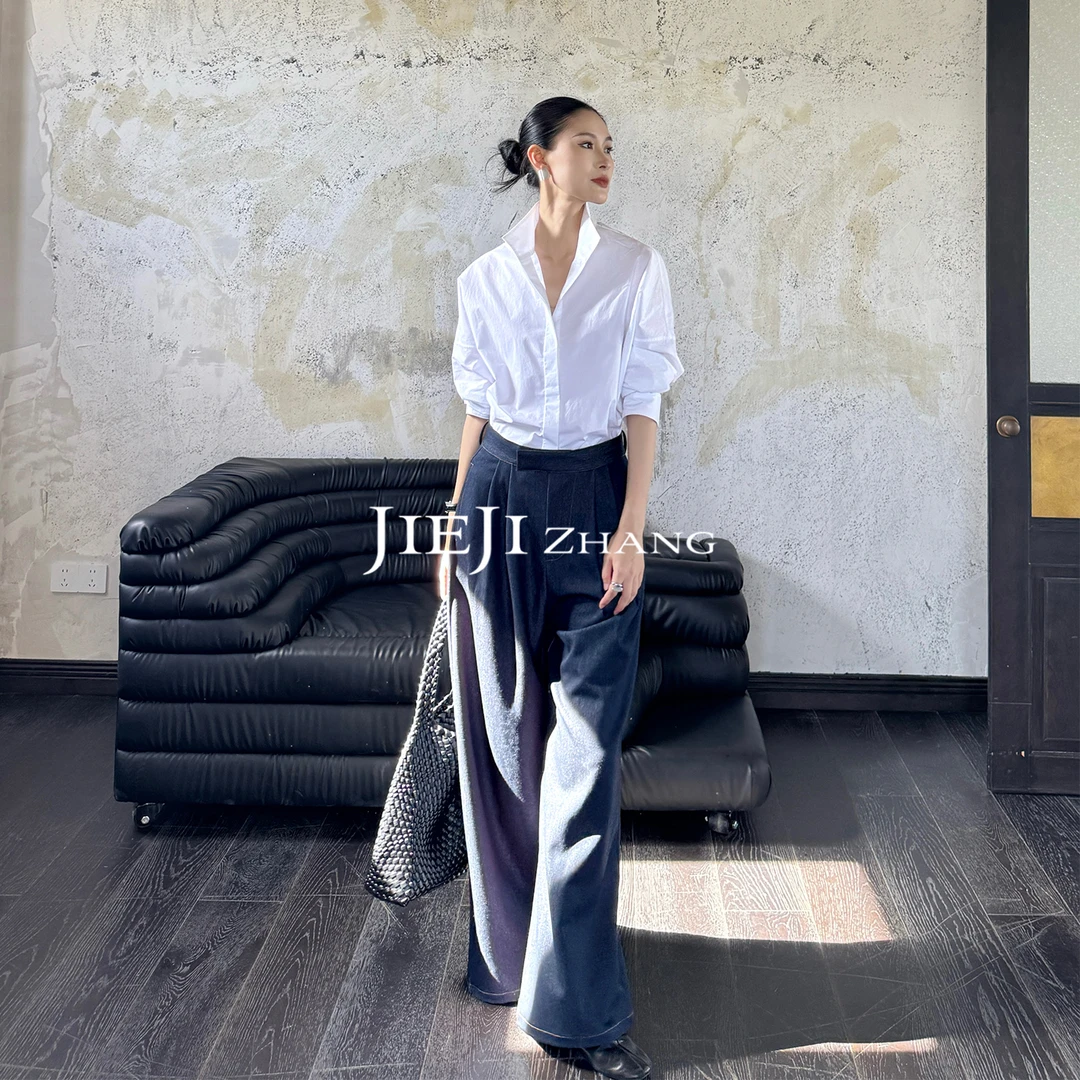 满目ManMu【张琪专属】老钱风时尚简约百搭羊毛醋酸牛仔长裤350129