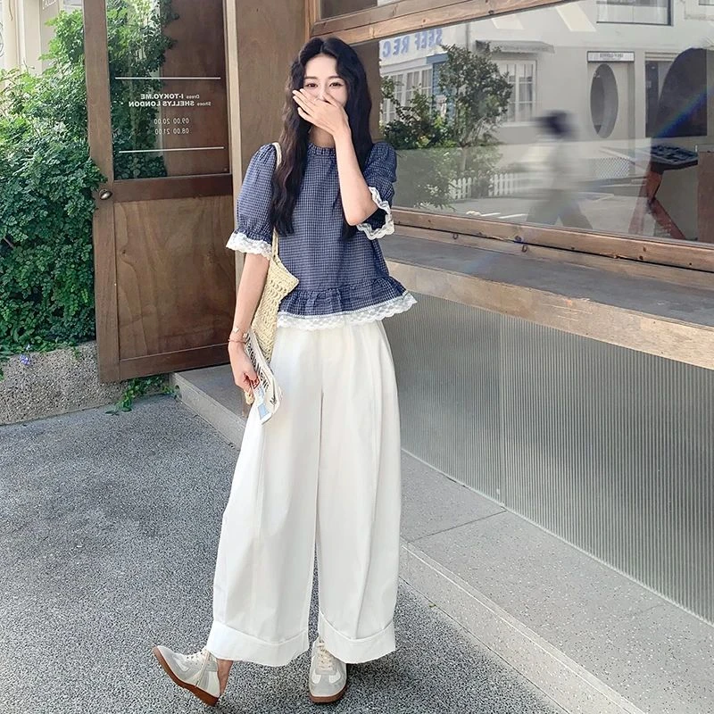 韩系蕾丝洋气拼接格子小衫休闲裤两件套女夏2025新款休闲百搭套装