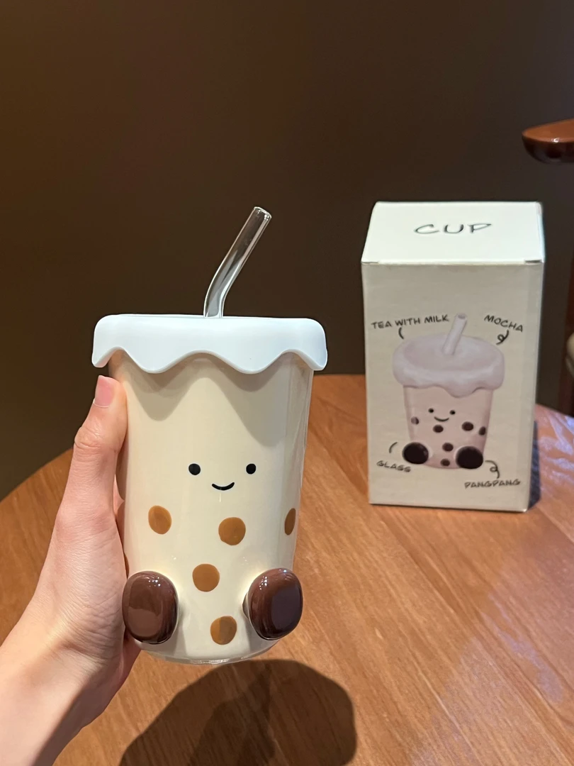 釉下彩学生家用创意陶瓷杯吸管杯带盖水杯可爱大容量少女心杯子