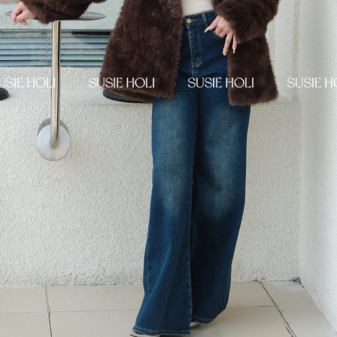 SUSIE HOLI 垂感高腰休闲牛仔直筒裤