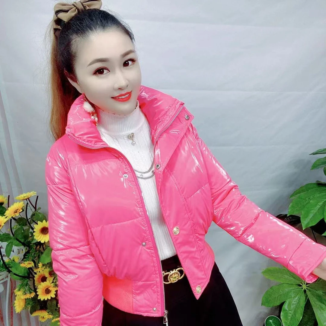小个子时尚洋气亮面免洗立领短款棉服女冬季外套
