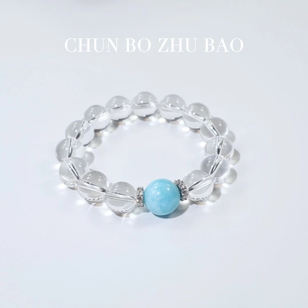 【天然消磁白水晶+海纹石+925银】时尚百搭高级感天然水晶手串10MM＋