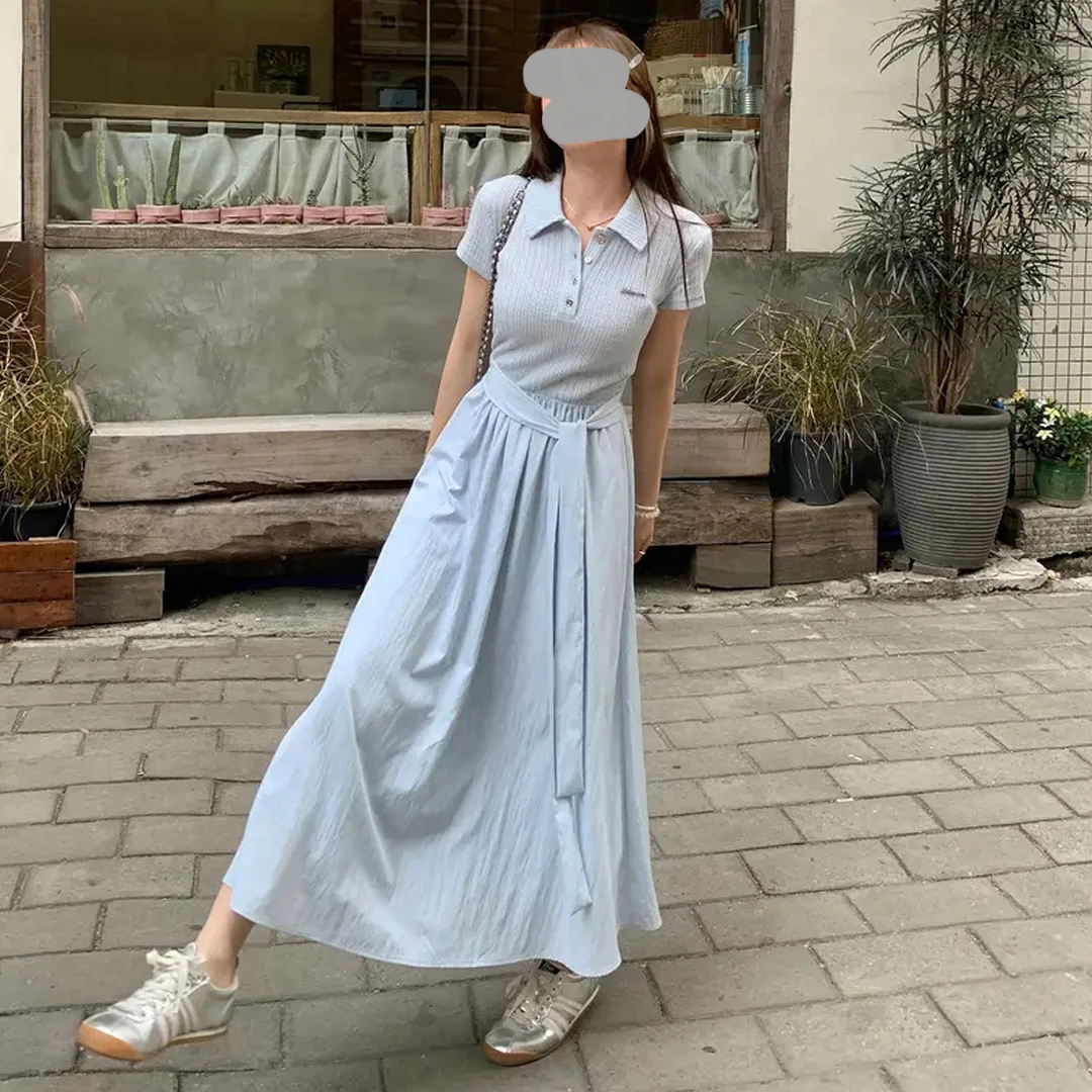 设计感大码胖mm短袖连衣裙夏季高级感翻领收腰显瘦拼接T恤长裙