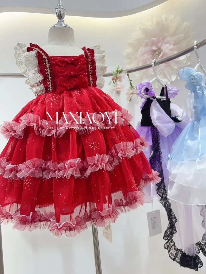 女童四季洛丽塔公主裙红色2024新年蛋糕蓬蓬裙儿童蝴蝶结生日礼服