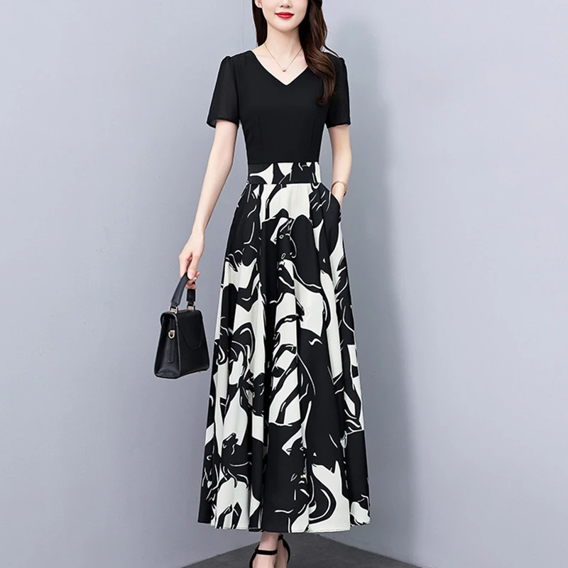 2025夏季新款高档印花雪纺碎花连衣裙大码胖mm收腰显瘦遮肚长裙