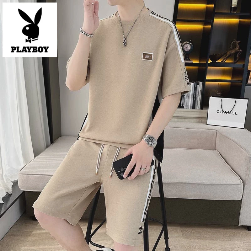 花花公子夏季套装男士休闲运动服白色短袖短裤潮牌夏天男