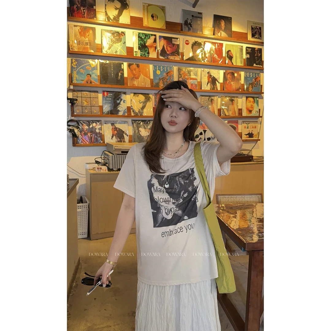 现货大婉酱微胖定制【复古胶片】复古做旧印花T恤慵懒百搭上衣9390D