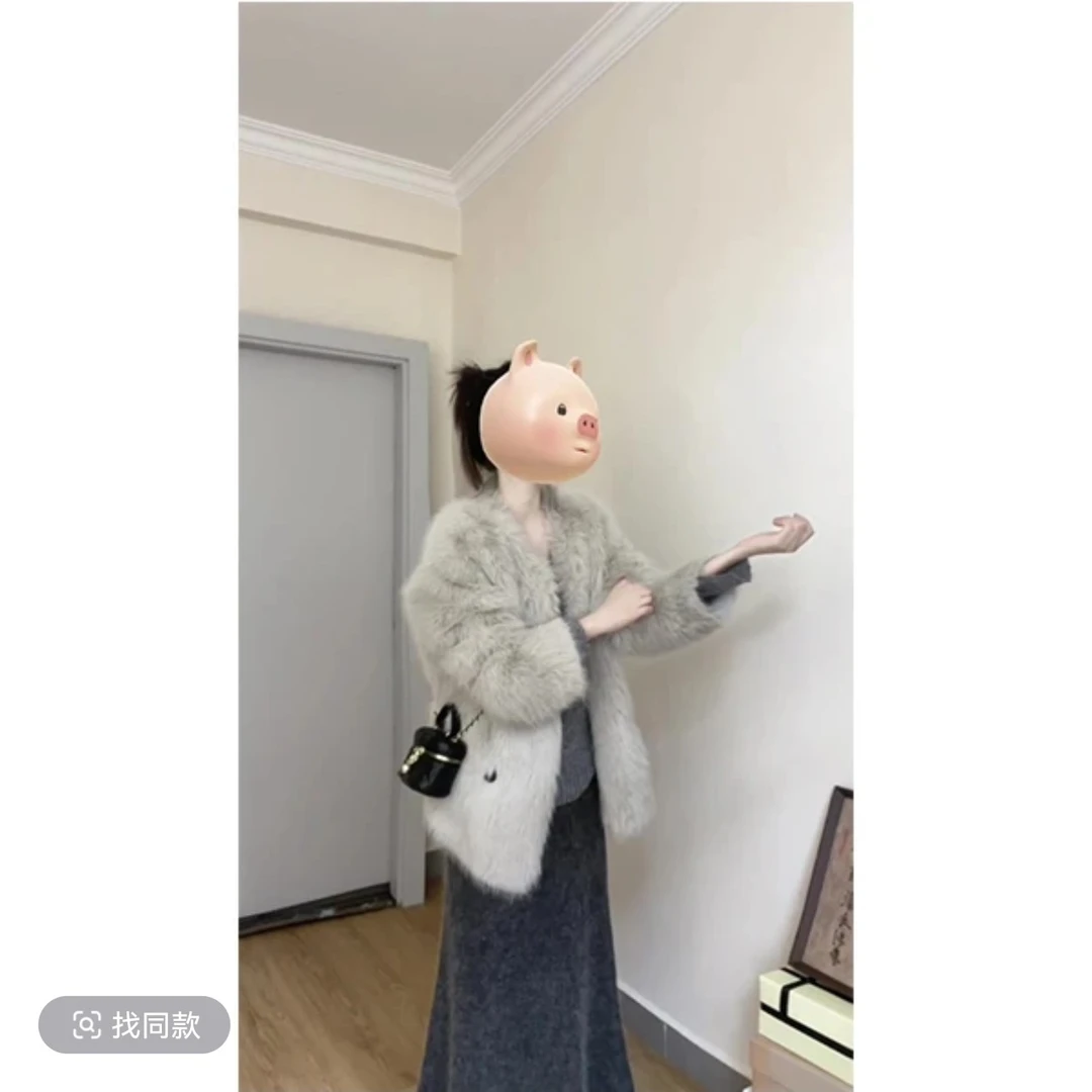 [张开心]芝士小猫～毛绒绒皮毛一体外套秋冬灰色毛衣长裙三件套装
