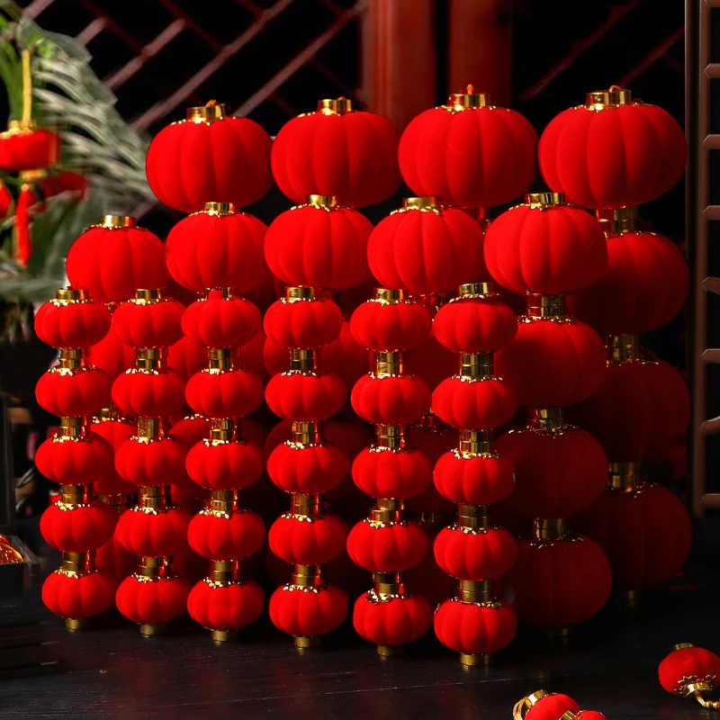 元旦小红灯笼盆栽挂饰2025蛇年新年装饰院子户外植绒红色树上布置