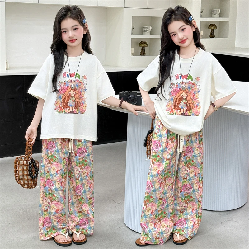 夏季女童新款休闲甜美套装中大儿童时尚宽松短袖夏装薄款阔腿裤潮