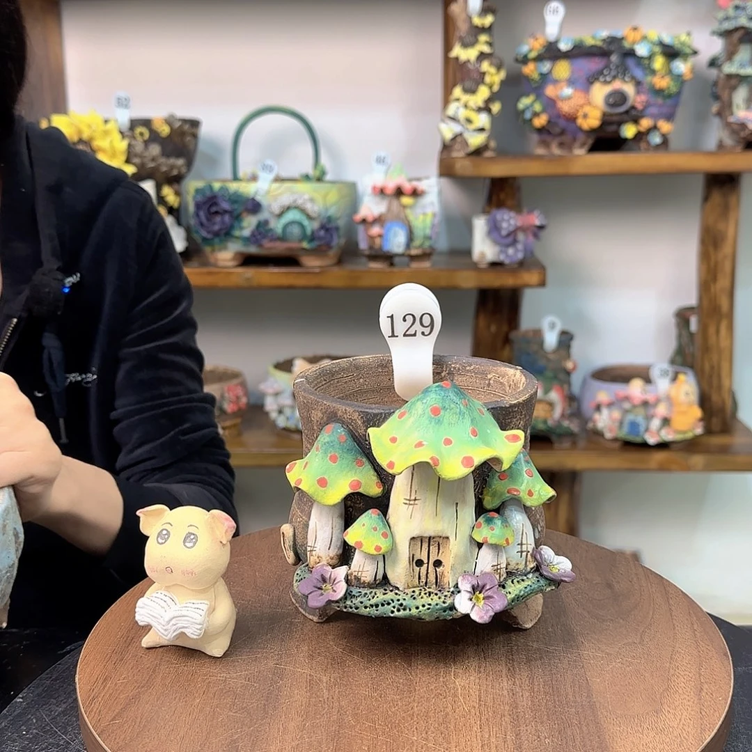 本墨花器手捏花盆