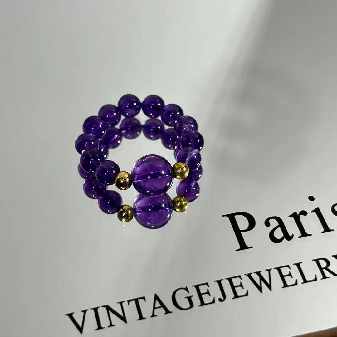 天然紫水晶戒指女小众设计个性串珠食指戒感时尚女生配饰