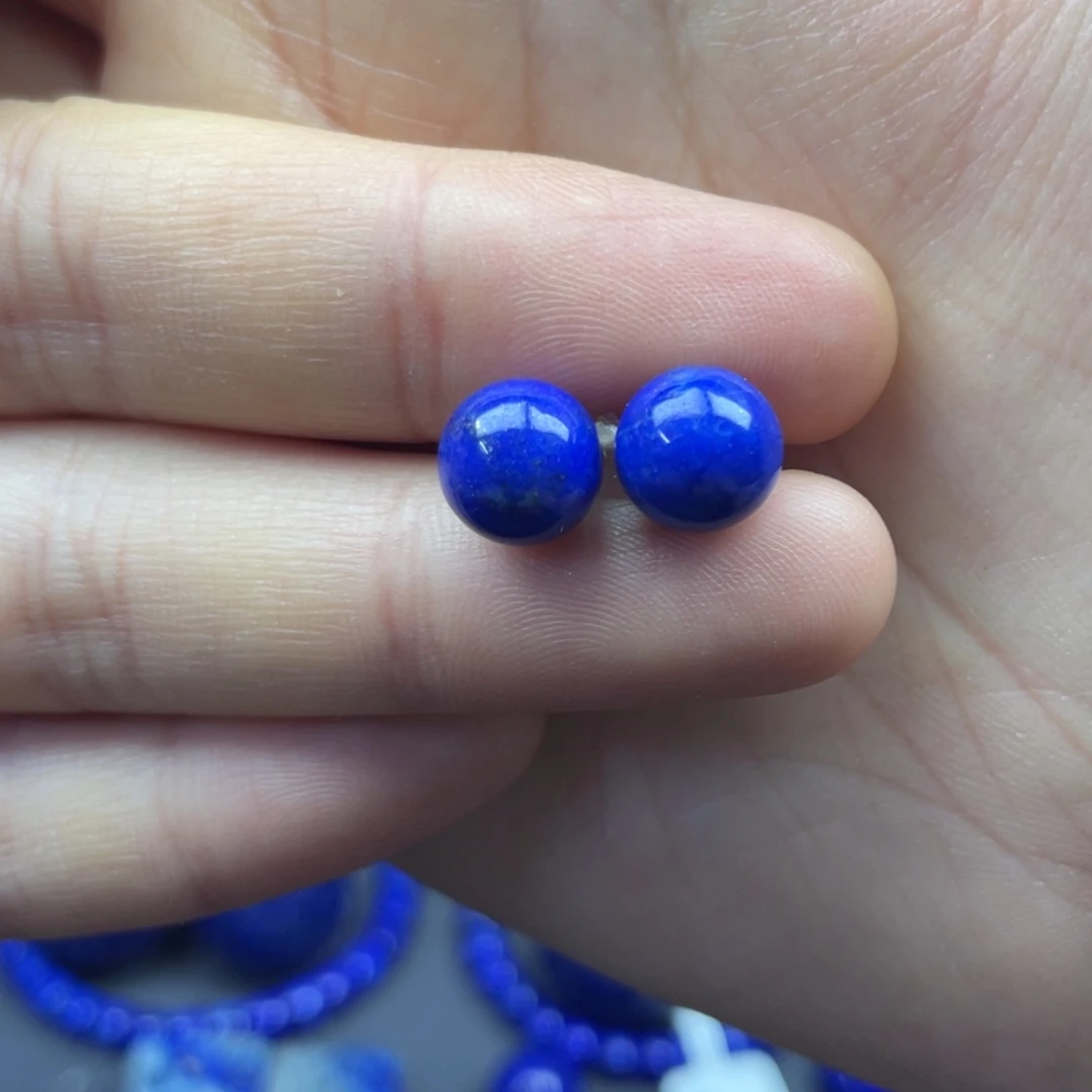 青金石银S925镶嵌圆珠耳钉