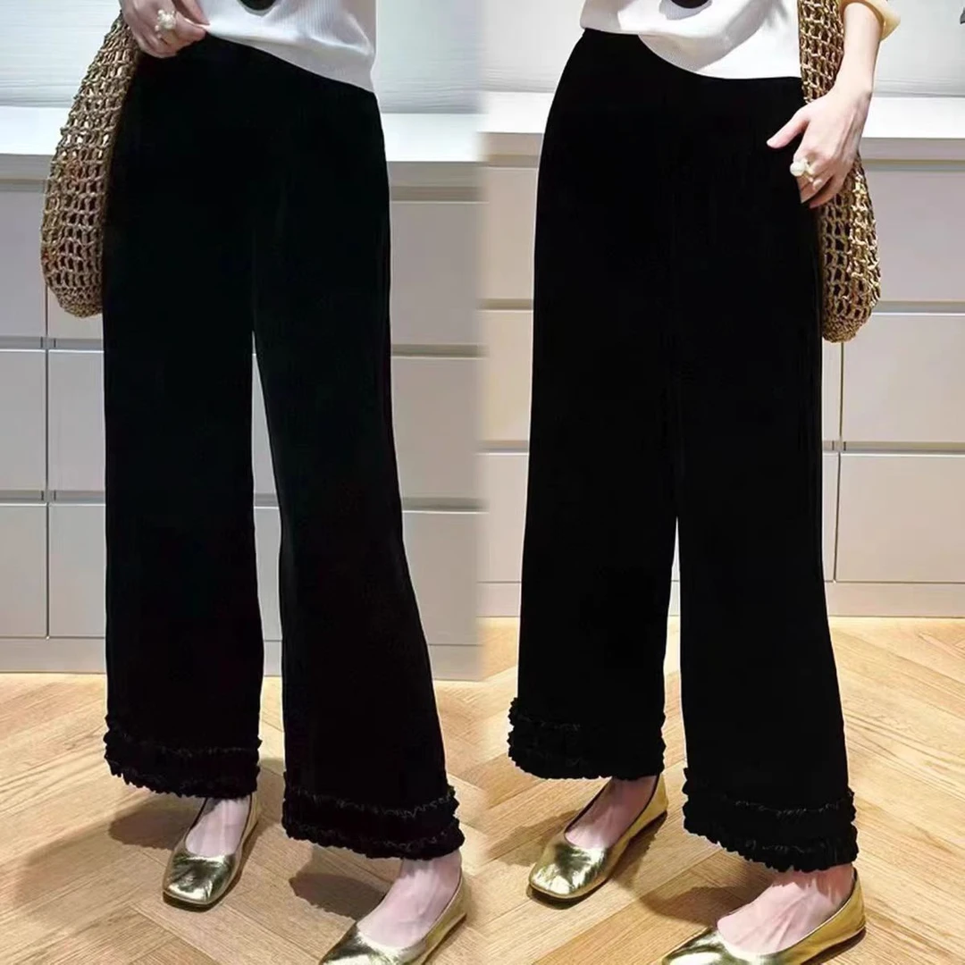 美美服装店 023 气质百搭高级感木耳花边松紧腰金丝绒阔腿裤