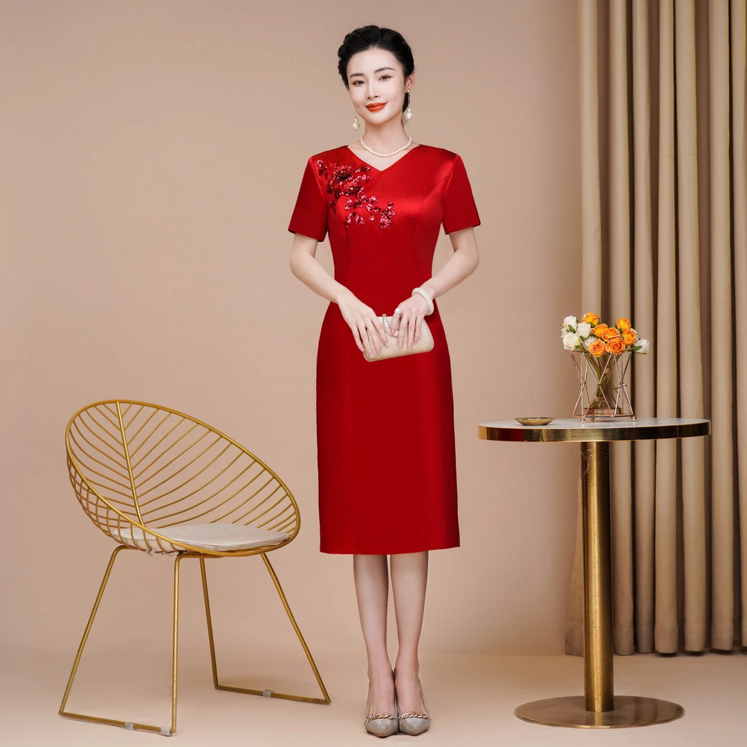 2025夏季新款改良V领旗袍连衣裙F91高级感大气妈妈装喜婆婆优雅