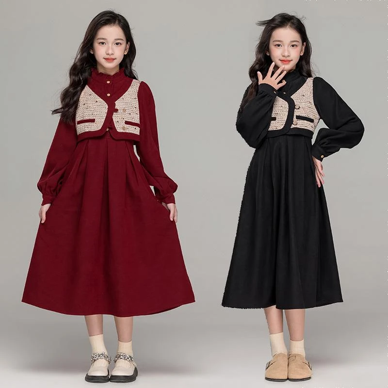 中大女童假两件加绒红色连衣裙2025新款气质小香风长裙洋气秋冬装