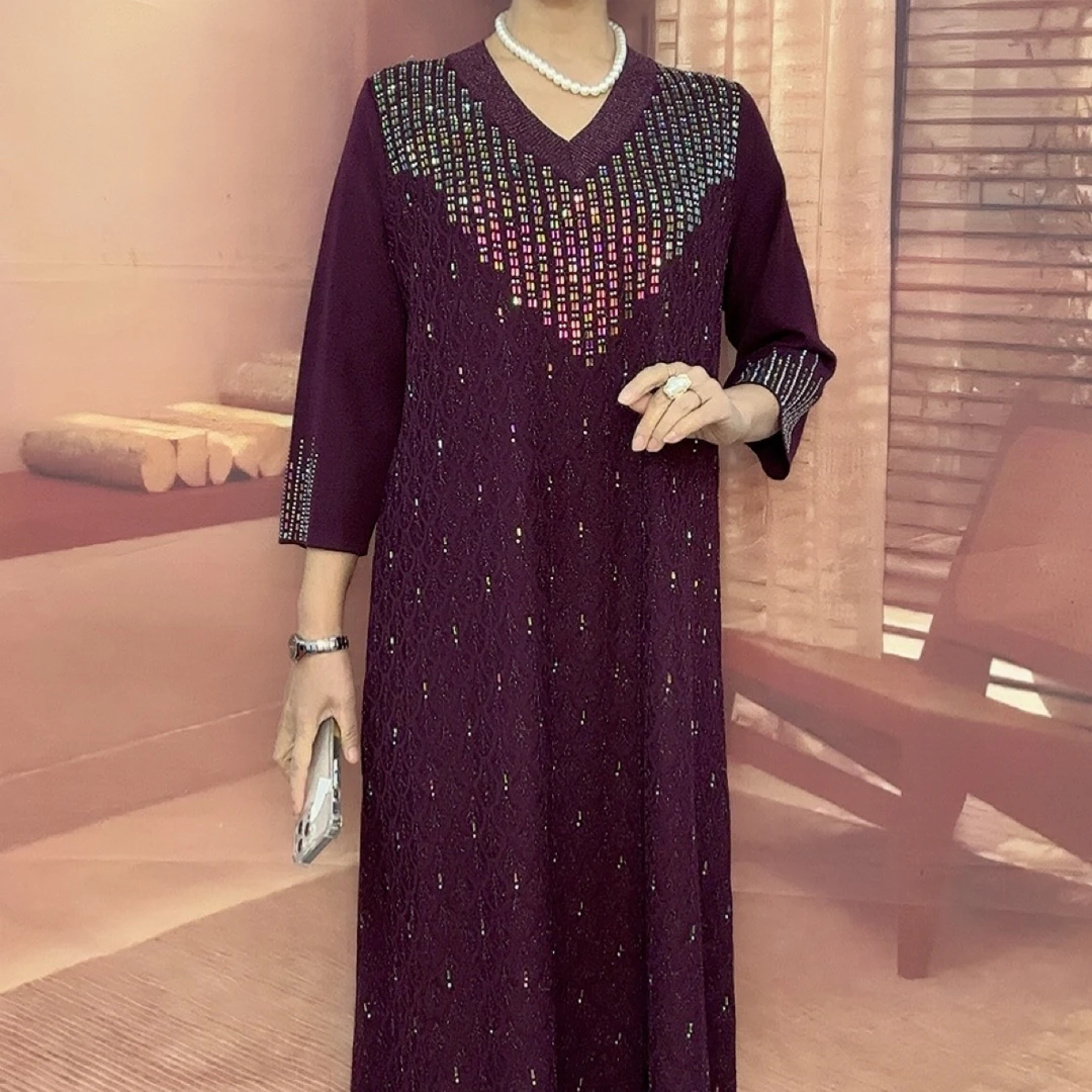 2025新款杭州正品V领进口奥钻气质连衣裙