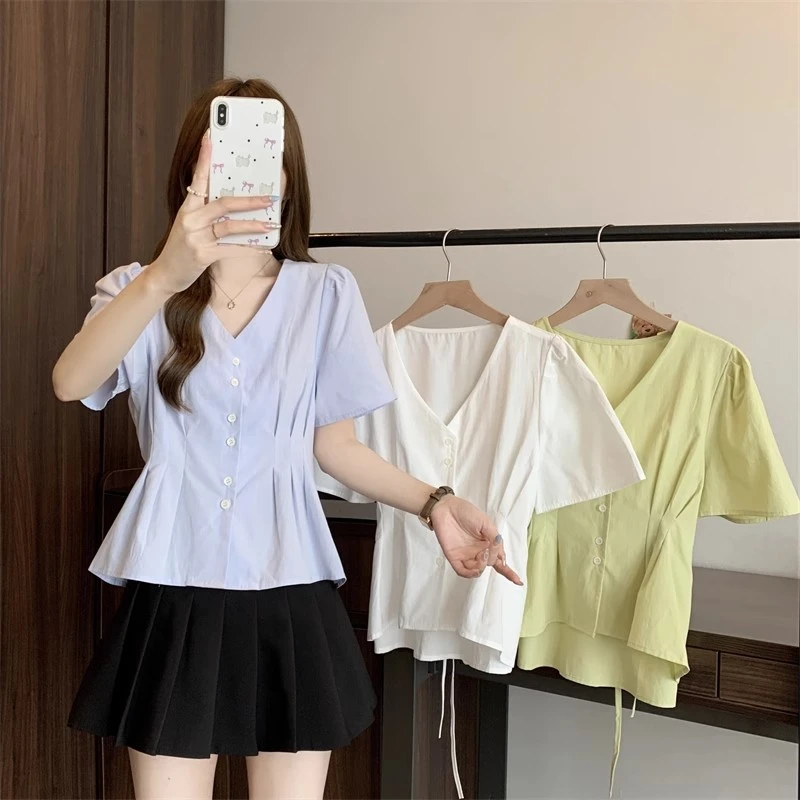 新款大码胖mm收腰娃娃衫高级感气质上衣法式V领显瘦短袖衬衫女夏