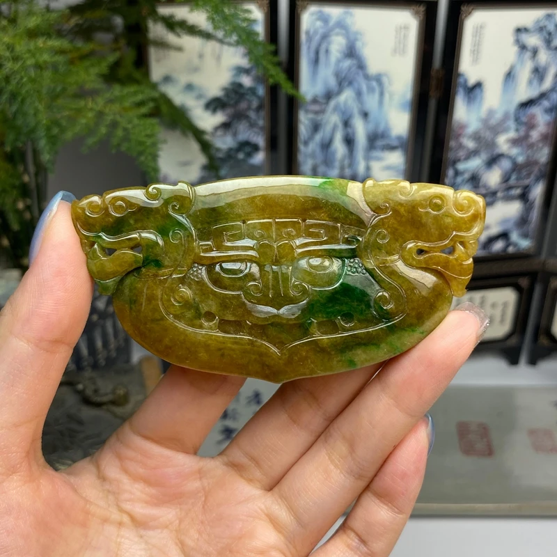 老料大马坎黄加绿瑞兽双龙玉横挂件 天然翡翠A货