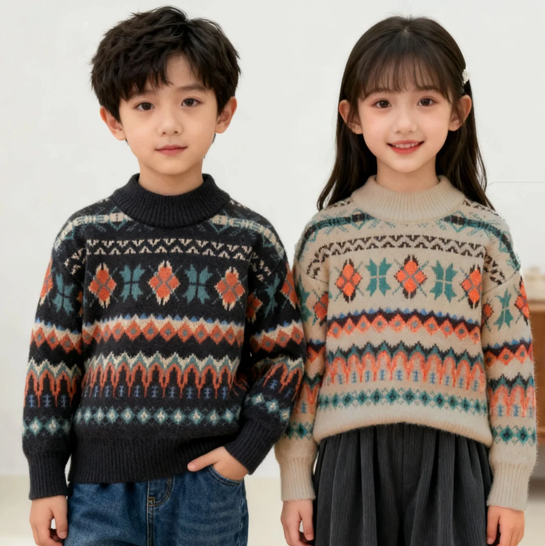 秋冬撞色复古提花儿童圆领加厚宝宝针织衫男童女童毛衣