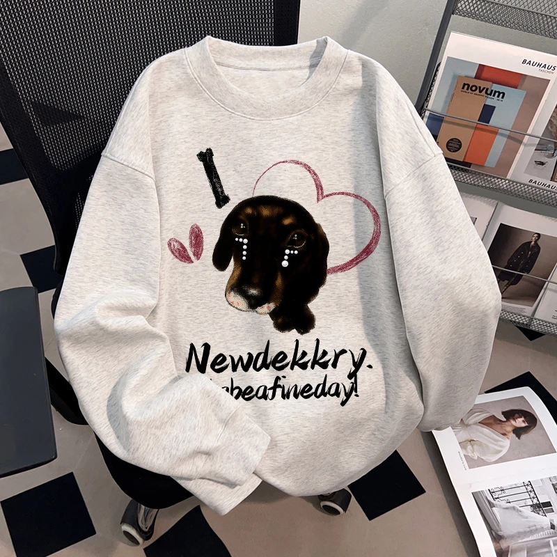 Dekkry韩系流泪珍珠小狗印花秋冬流行新款纯棉长袖t恤男女款上衣