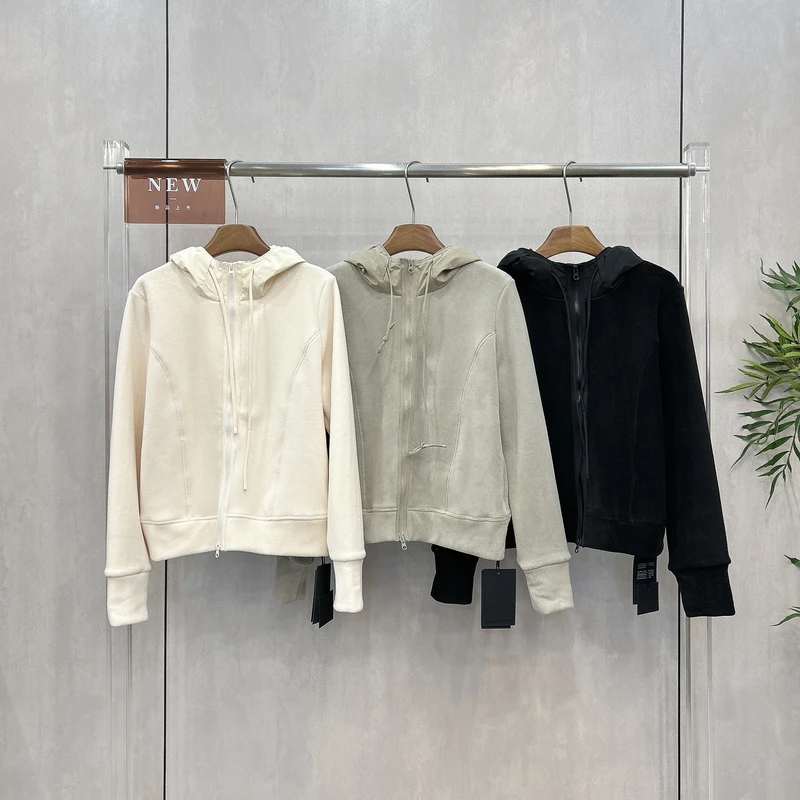 欧洲站秋冬加绒连帽拼接休闲外套女新德绒拉链开衫保暖上衣73982