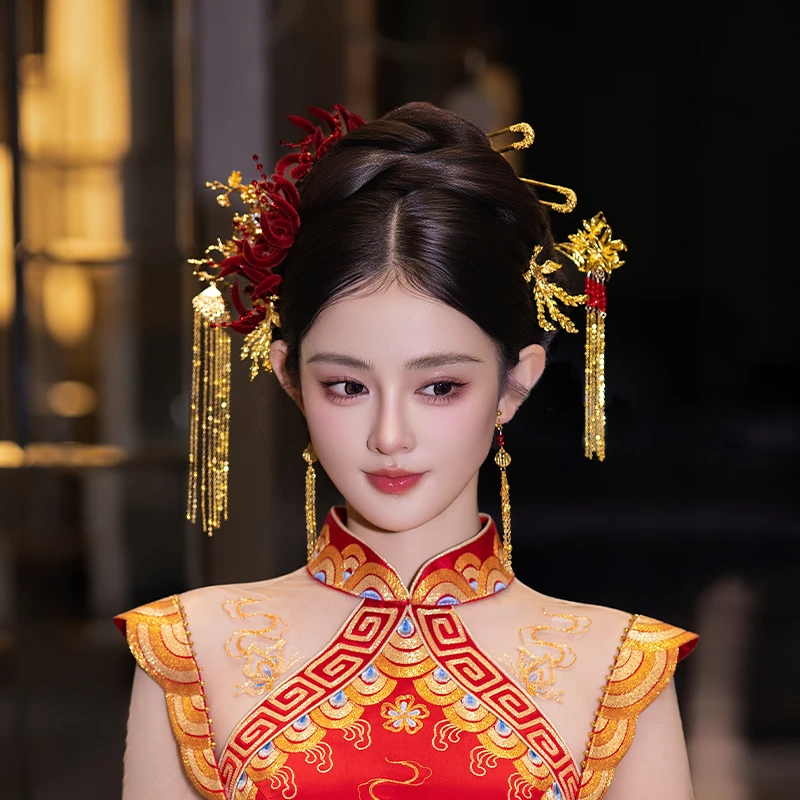 合金婚庆饰品 新娘金色流苏步摇红色绒花秀禾高级感造型发饰G0331