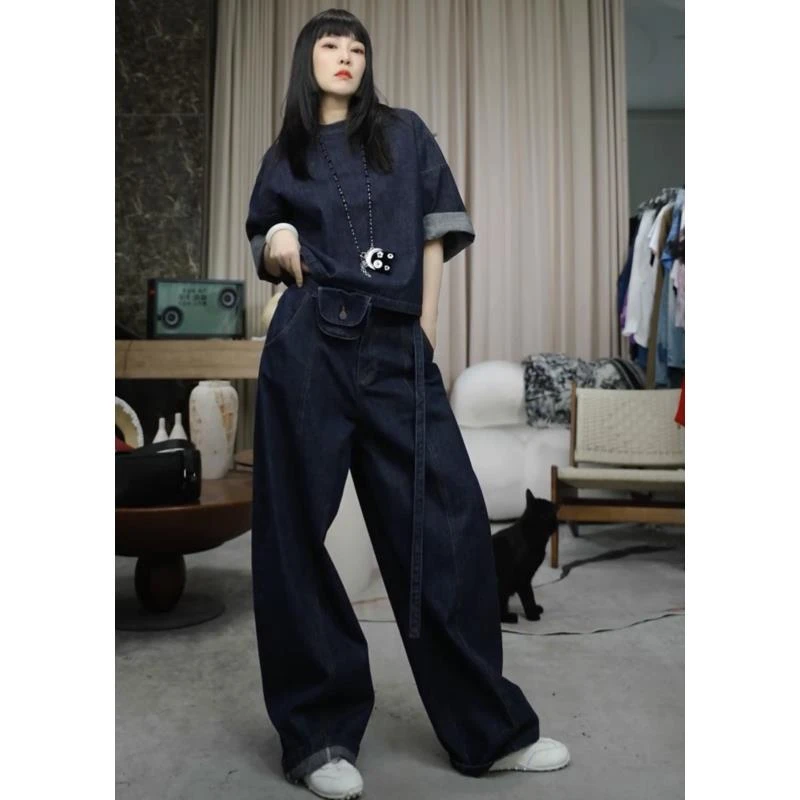 infobyfive2025夏季新款深蓝立体剪裁牛仔裤弯刀裤长裤NF0503164