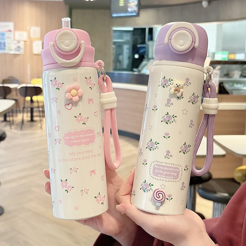 高颜值儿童吸管保温杯学生上学专用水杯2025新款少女心便携双饮杯