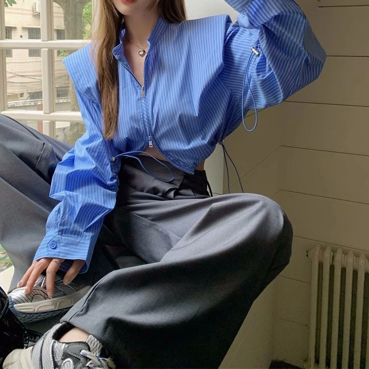 韩系条纹抽绳衬衫女春季宽松短款设计感小众甜辣掐腰衬衣长袖上衣