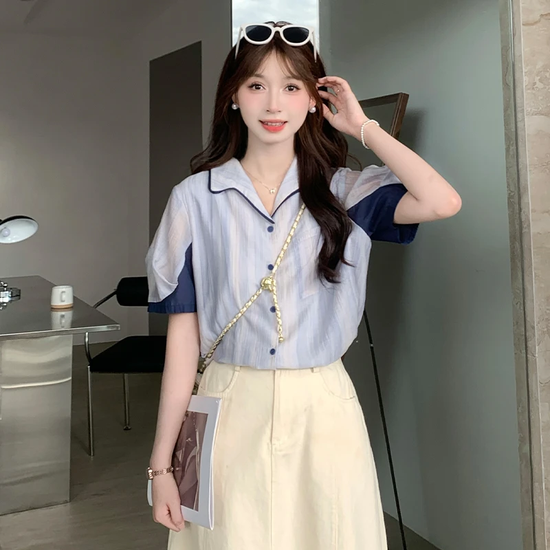 慕兔法式复古条纹短袖衬衫女2024夏季新款设计感小众宽松显瘦上衣