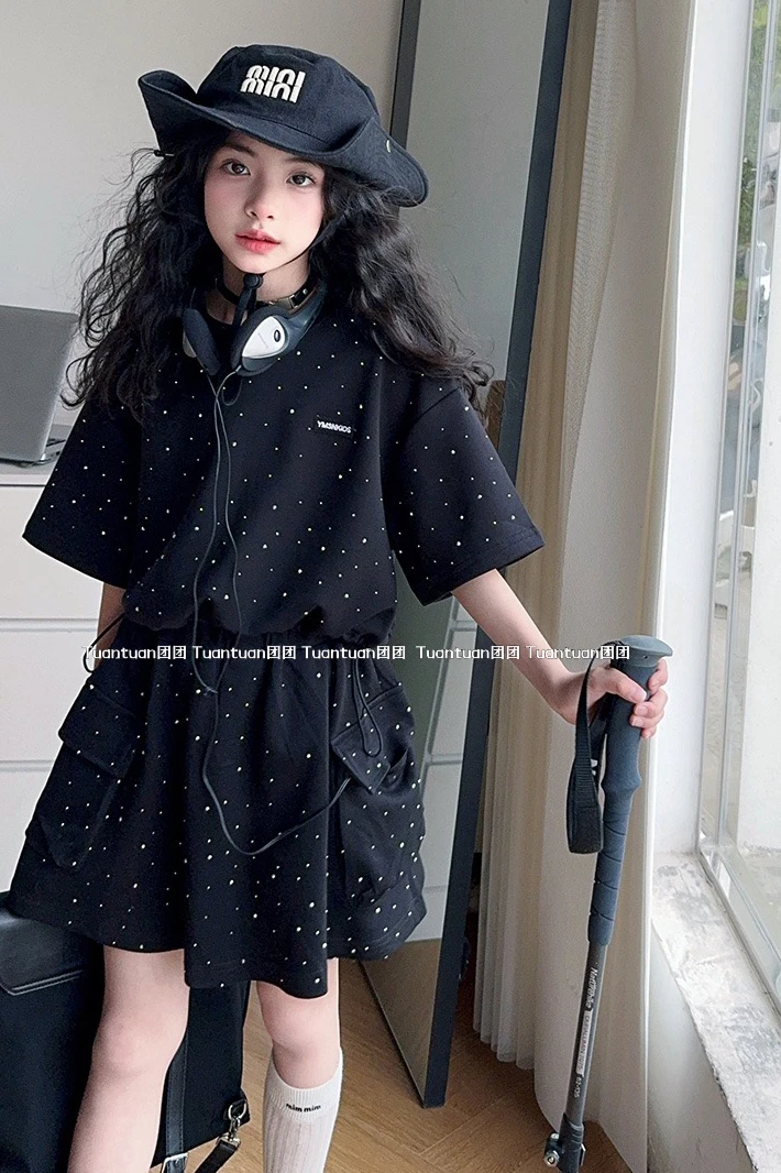 TUANTUAN 2025 新款女童烫钻工装裙套装