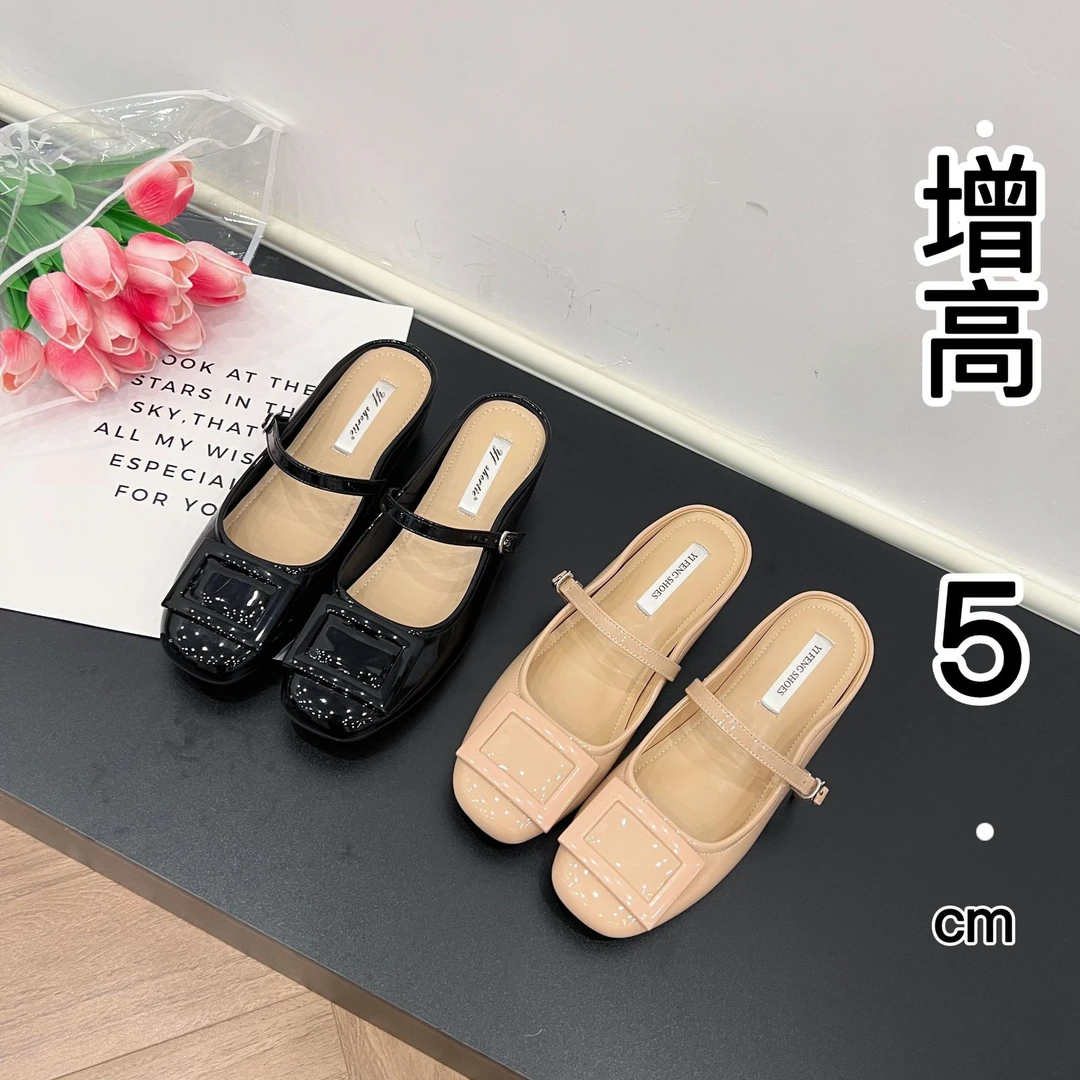 内增高5cm小个子方扣一字带法式一脚蹬舒适圆头包头半拖鞋女外穿