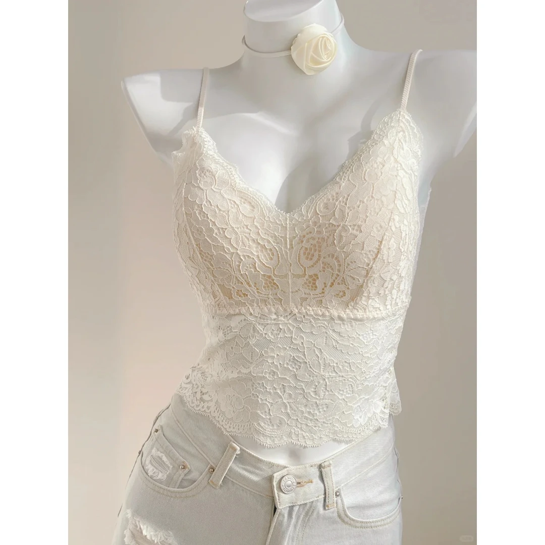 法式蕾丝吊带白色纯欲风美背女夏季带胸垫内搭显瘦bm短款上衣背心