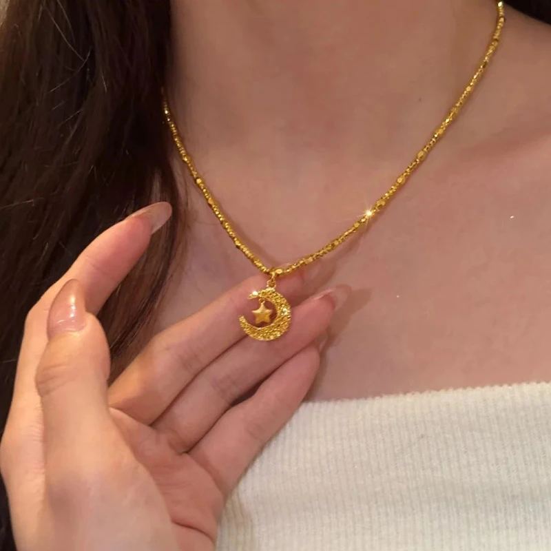 足金999星月织梦揽月黄金项链爆闪蹦迪珠星星月亮吊坠纯金锁骨链