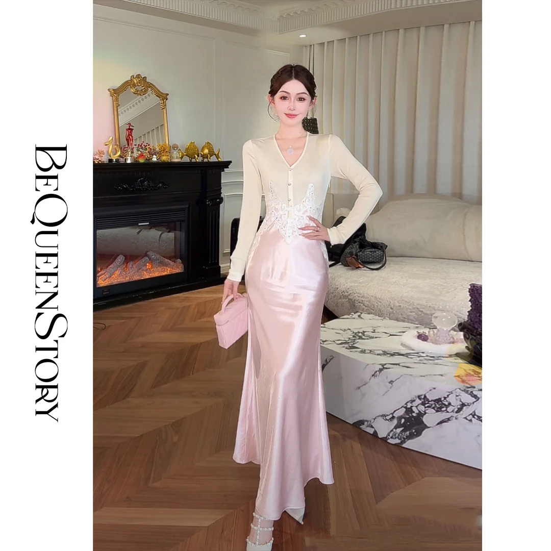 余潇潇【镜花水月】时尚醋酸拼接蕾丝重工烫钻V领长袖鱼尾连衣裙