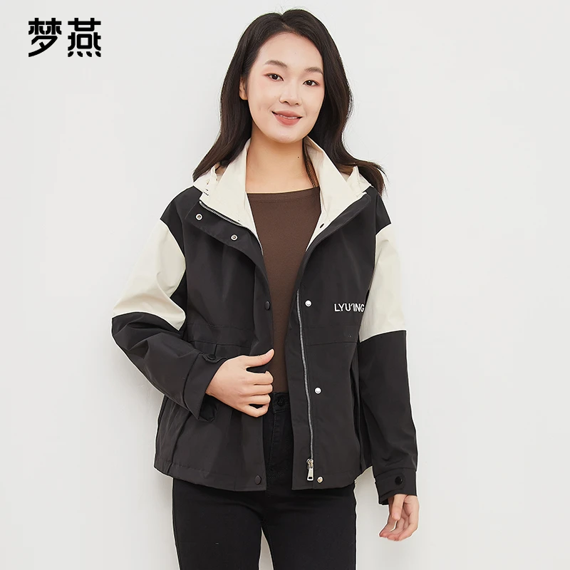 梦燕春秋季女款户外防风休闲连帽宽松风衣外套拼接上衣AA09B4011D