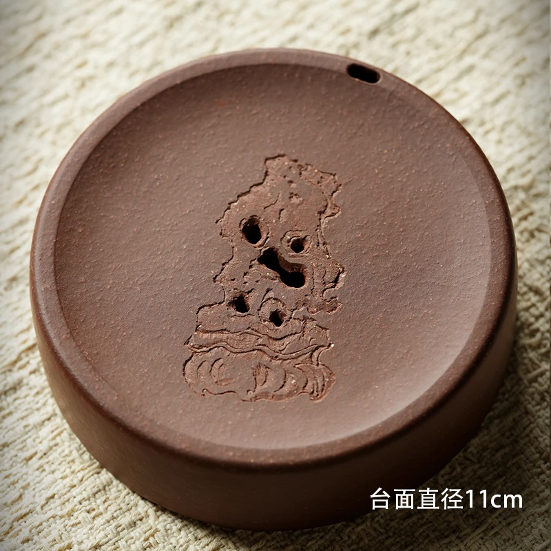 太湖石干泡  原矿紫泥手工刻绘圆形干泡台蓄水壶承