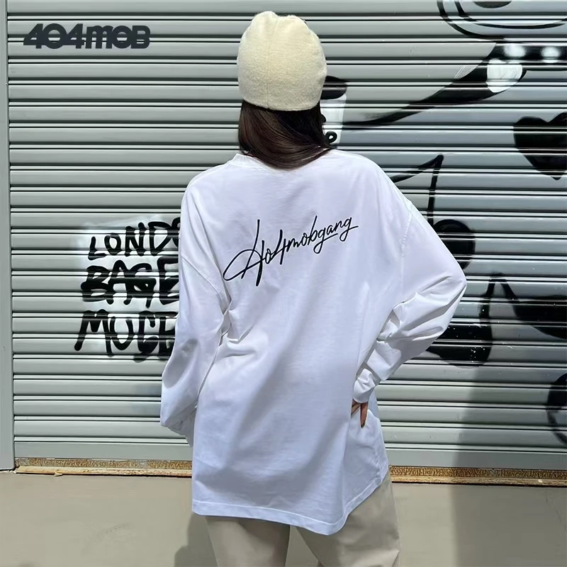 404MOB  秋冬花体手写印花圆领长袖T恤男女同款百搭长袖